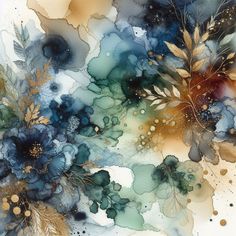 an abstract painting with blue flowers and gold leaves on white background, watercolor style