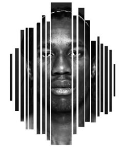 a man's face is surrounded by bars in the shape of an equal barcode