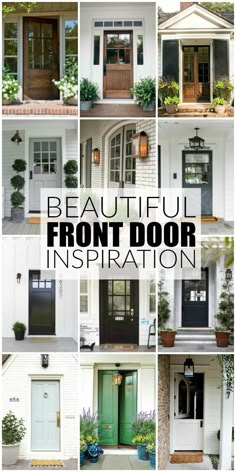 the front door is painted white with black trim and green doors, which are all different colors