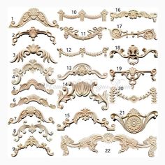 the different styles and designs of carved wood furniture, including decorative brackets, headbands,