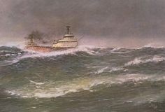 a painting of a boat in rough seas