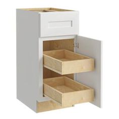 a white cabinet with two drawers and one drawer open to show the bottom section,