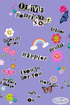 an image of the word happy with many different types of stickers on purple background