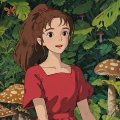 a girl in a red dress standing next to mushrooms and trees with her hands on her hips