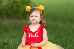 How cute is this Winnie the Pooh dress!! Oh so cute!!! Perfect for Halloween,dress up, birthdays,and special events! This dress is made knee length,you dont have to leave a measurement,but if you choose to please leave a measurement from armpit to desired length. Checkout our shop for our Piglet,and Tigger Design!!! Ears are NOT included but can be added on from the drop down menu.(Ears may vary in style depending on stock) Exclusive Design to Pink Toes & Hair Bows Winnie The Pooh Dress, Winnie The Pooh Costume, Pooh Dress, Overalls Boys, Tutu Dress Costumes, Pink Toes, Girls Overalls, Birthday Tutu, Girls Denim