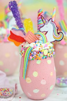 unicorn milkshakes with sprinkles and rainbow toppings in them are on instagram