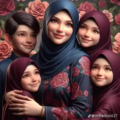 three women in hijabs are posing for the camera with roses behind them and one woman is wearing a headscarf