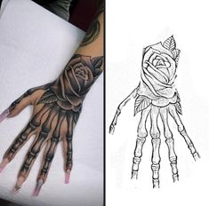 a hand with tattoos on it next to a drawing of a rose