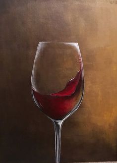 a painting of a wine glass with red liquid in it, on a brown background