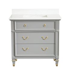 a grey dresser with gold handles and drawers on it's sides, against a white background