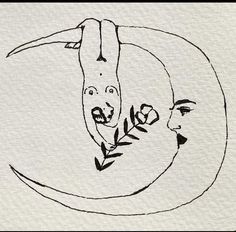 an ink drawing of two faces on a white paper with black lines and flowers in the middle