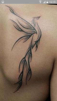 a tattoo on the back of a man's shoulder with a bird flying over it