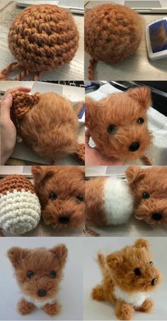 there are many pictures of stuffed animals being made to look like they're having fun