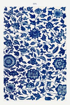 a blue and white floral pattern on paper