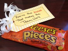 a candy bar with a note attached to it