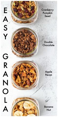 three jars filled with granola sitting on top of a white counter next to each other