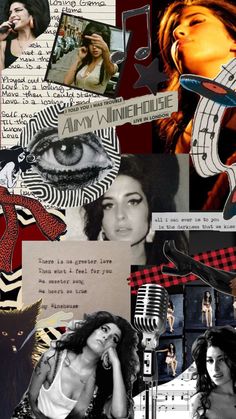 collage of photos and words with woman's face in the middle, including an eye