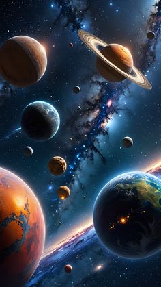 an artist's rendering of planets and their satellites in the outer space with stars