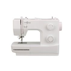 the sewing machine is white and has two buttons on it's front end, one button