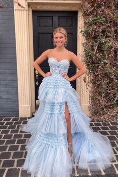 Light Blue Fitted Tulle Gown, Full Length Blue Dress For Banquet, Blue Full-length Dress For Banquet, Full-length Blue Dress For Banquet, Blue Full-length Dress For Banquets, Fitted Light Blue Dress With Sweep Train, Light Blue Fitted Gown, Fitted Light Blue Gown, Light Blue Fitted Homecoming Gown