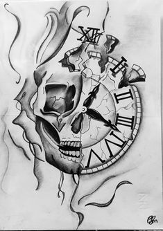 Running Out Of Time Tattoos, Venom Tattoo, Cool Skull Drawings, Half Sleeve Tattoo Stencils, Colorful Skull Art, Skull Drawings, Clock Drawings, Anime Face Drawing, Half Sleeve Tattoos Drawings