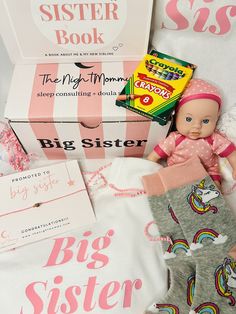 "Big Sister Gift| Big Sister Gift box |Sibling gifts |New Baby |Sister gift |Gift box Becoming a big sister is a big deal! This sibling gift box is the perfect gift to celebrate a special little girl in your life who has been \"promoted\" to Big Sister! Box comes with: *Big Sister t-shirt *Big Sister book *Big Sister cinch bag *Mini Baby doll *Diaper for practice! *1 box Crayons or colored pencils  *1 pair socks *Big Sister bracelet" Big Sister Kit, Big Sister Bracelet, Big Sister T Shirt, Promoted To Big Sister, Cinch Bag, New Sibling, Big Sister Gifts, Sister Bracelet, Sibling Gifts