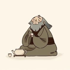 an old man sitting on the ground with a teapot and cup in front of him