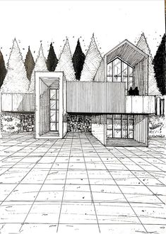 a drawing of a house in the middle of a yard with lots of trees around it