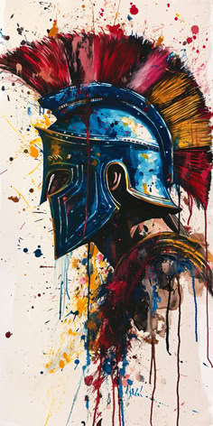 a painting of a roman soldier's helmet with paint splatters all over it