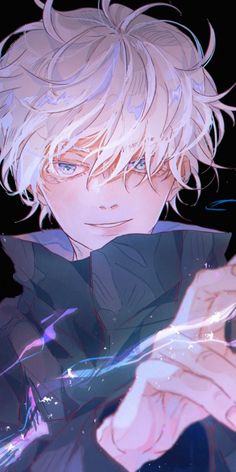 an anime character with blonde hair and blue eyes holding a cell phone in his hand