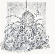 a drawing of a giant spider surrounded by skulls