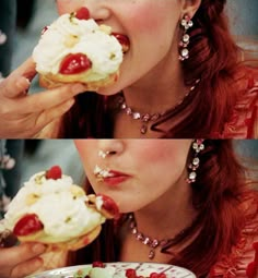 two pictures of a woman eating a pastry with cherries on it, and another photo of the same woman