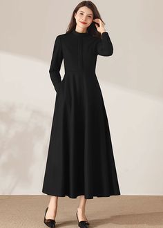 "★★ FEATURES * 30% wool, other fiber, nylon * Polyester lining * Two side pockets * Back zipper closure * Long sleeves * Fitted waist dress * Maxi wool dress * Winter wool dress * Perfect for Winter, autumn * Dry clean ★★ The model is 170 cm (5′ 7″) tall with a 80 cm (31.5\") bust, 66 cm (26\") waist. She is wearing the wool dress in size XS. ★★ Bespoke Order Service If you Request other color Request the length Request a sleeve Your height is not between 155 cm- 172 cm Your weight is over 75 kg Cute Winter Dress Outfits For Women, Modest Formal Outfits For Women, Simple Black Dress Long, Black Winter Dresses, Modest Formal Outfits, Sudley Dress, Maxi Dress Winter Outfit, Wool Dress Winter, Winter Dresses For Women