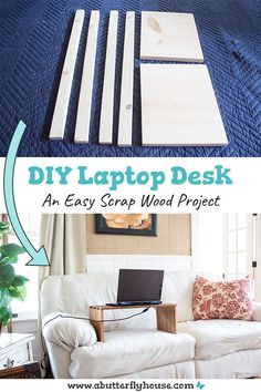 the diy laptop desk is made out of wood planks and sits on a white couch