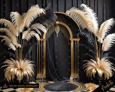 an art deco scene with black and gold decor, feathers and chandelier in the background