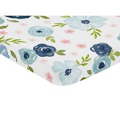 a white sheet with blue and pink flowers on it