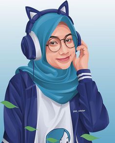 a woman wearing headphones and a blue scarf is talking on the phone with her cat ears up