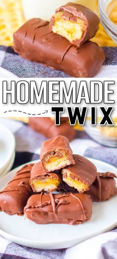 homemade twix on a white plate with chocolate and milk in the background, text reads homemade twix