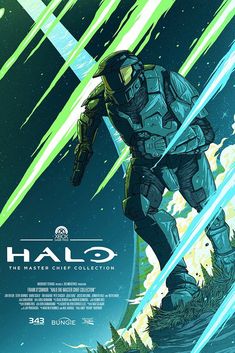 the poster for halo is shown in blue and green colors, with an image of a man