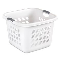 a white plastic basket with holes on the sides and handles, for storage or cleaning