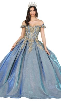 Long a-line quinceanera ball gown with off the shoulder straps and bole lace embroidered bodice. Off Shoulder Ball Gown, Dress With Corset, Quince Dress, Embroidered Bodice, Ball Gown Skirt, Perfect Prom Dress, Prom Dresses Online, Glitter Dress, Applique Dress