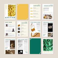 an assortment of brochures with green and yellow accents