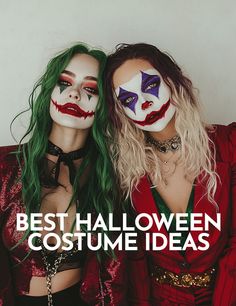 two women dressed up as clowns with green hair and makeup on their faces for halloween