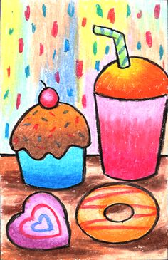 a drawing of two donuts, a drink and a doughnut on a table