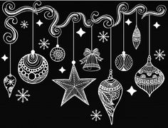 christmas ornaments hanging from strings with snowflakes and stars around them on a black background