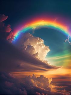 a rainbow in the sky with clouds and sun shining through it's center circle