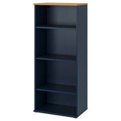 a blue bookcase with three shelves on each side