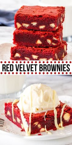 red velvet brownies with white frosting on top and in the middle, sitting on a plate