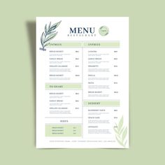 a menu for a restaurant with leaves on the top and bottom, sitting on a green background