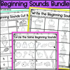 two worksheets for beginning and ending sounds in the beginning sound book, with pictures of